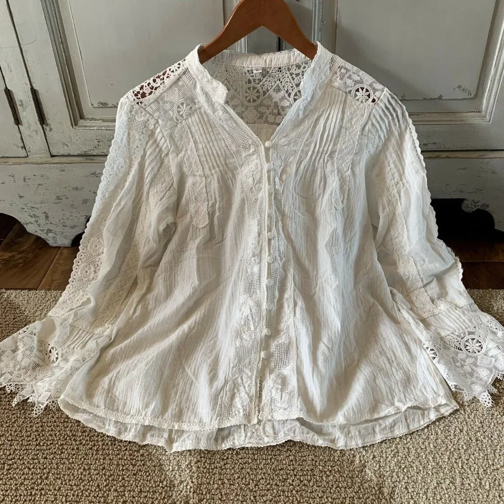 New White Lace Long Sleeve Western Boho Blouse Top Button Front Vintage MCM - Picture 5 of 9